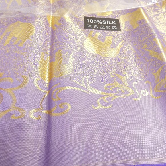 100% Silk Scarf Purple-Gold Embossed Lucky Elephant Headband Belt 73" x 27" NWOT - Picture 6 of 8